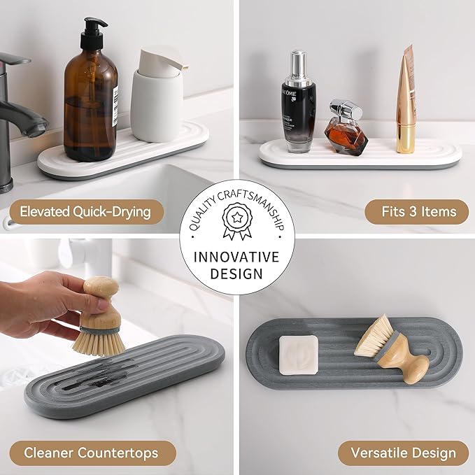 JUKER Premium Diatomaceous Earth Tray Coasters 12" x 4", Quick Dry Absorbent Stone Mat with Non-Slip Silicone Base, Bathroom Sink Caddy, Kitchen Soap Holder, Vanity Organizer, Dark Gray