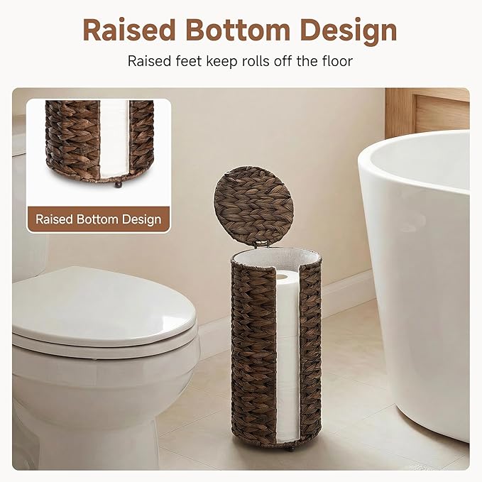 StorageWorks Free Standing Wicker Toilet Paper Holder Stand for Bathroom Storage, Decorative Water Hyacinth Toilet Paper Storage with Lid, 3 Rolls of Tissue Holder with a Built-in Cloth Lining, Brown