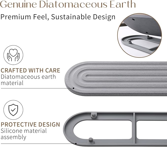 JUKER Premium Diatomaceous Earth Tray Coasters 12" x 4", Quick Dry Absorbent Stone Mat with Non-Slip Silicone Base, Bathroom Sink Caddy, Kitchen Soap Holder, Vanity Organizer, Dark Gray