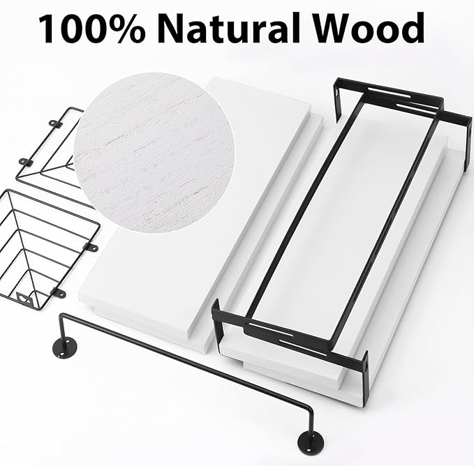 Fixwal Wall Mounted Bathroom Shelves Over Toilet, Rustic Wood Floating Shelves with Metal Frame and Towel Bar for Bathroom, Kitchen, Bedroom, Living Room (3 Plus 1 White)