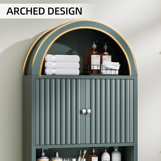 Spurgehom Over The Toilet Storage Cabinet, Bathroom Shelf Organizer Freestanding, Bathroom Arch Cabinet Over Toilet with Fluted Door and Anti-Tipping Device, Green
