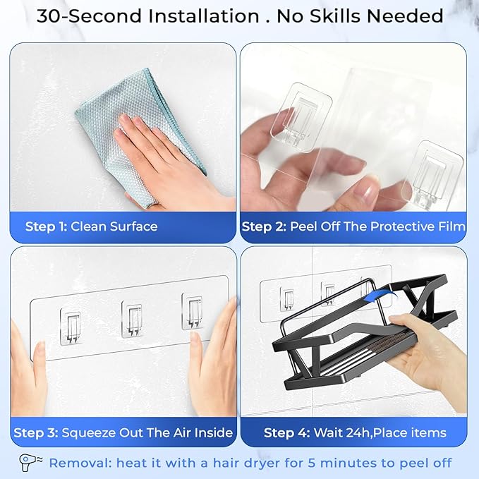 14 Pack Shower Caddy Adhesive Replacement Flat Strips, Heavy Duty Transparent Waterproof Hooks for Bathroom Storage Shelves, No-Drilling Sticky Wall Mount Hooks for Kitchen Organizers