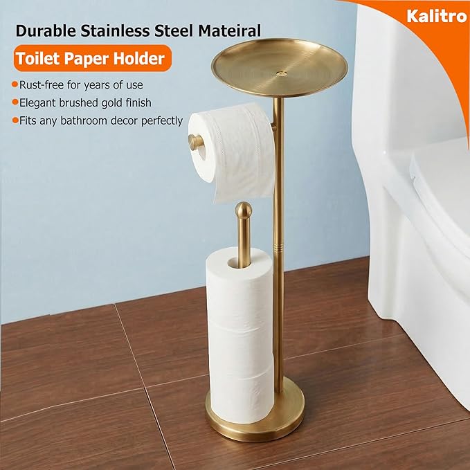 Kalitro Toilet Paper Holder Freestanding with Big Shelf, 4 Rolls Reserve Paper Holder Stand, Modern Paper Roll Holder with Storage Space for Phones (Gold)