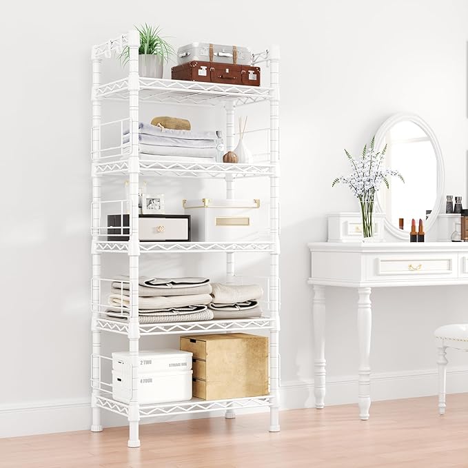 FUTASSI Metal Storage Rack, Storage Organizer Shelves for Kitchen, Bathroom, Living Room, Balcony and Garage, 5 Tiers Narrow Bookshelf, 21.2" W x 9.4" D x 59.2" H, Load 400lbs, White