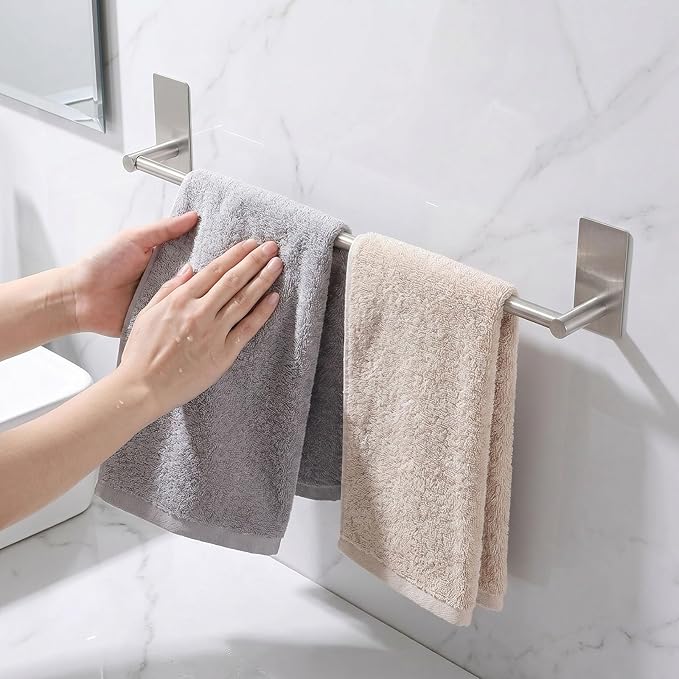 Adhesive Bath Towel Bar 24-inch, No Drill Stick On Towel Rack, Easy Install with Self-Adhesive, Premium SUS304 Stainless Steel (Brush Nickle, 24)
