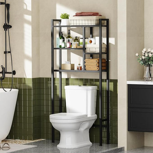 Asgolion Over The Toilet Storage Rack, 3-Tier Bathroom Organizer Over Toilet, Wooden Above Toilet Storage Shelf, Space Saver, Freestanding Bathroom Storage Metal Shelf, Easy to Assemble, Black
