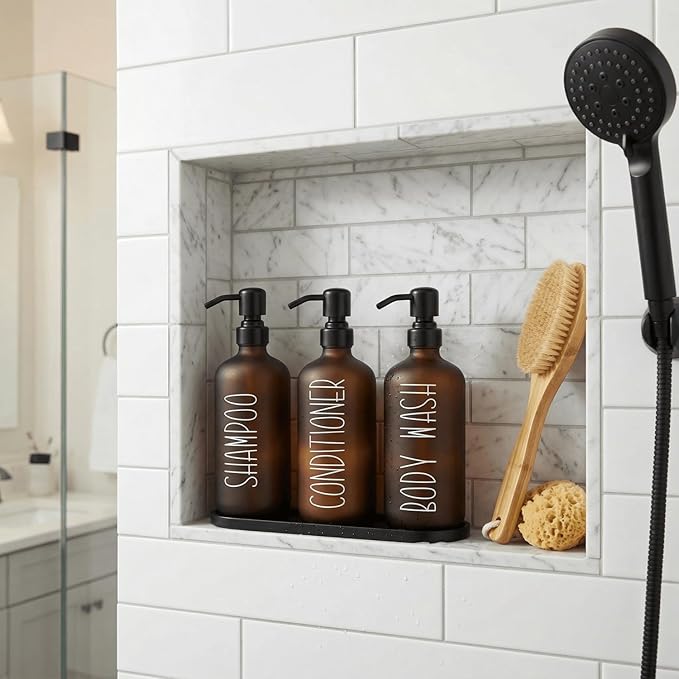 MOMEEMO Amber Shampoo and Conditioner Bottles with Tray, Shower Bottles Refillable with Labels, Hotel Shampoo and Conditioner Dispenser for Shower, Body Wash Container with Pump (Amber)