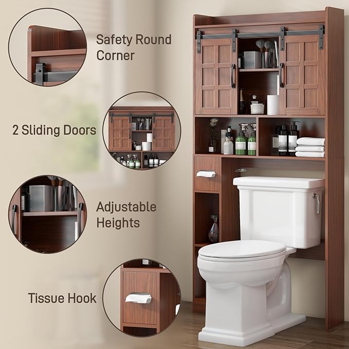 Halitaa Over The Toilet Storage Cabinet, Farmhouse Storage Cabinet Over Toilet with Sliding Doors，Home Space-Saving Toilet Rack, for Bathroom, Restroom, Laundry. Walnut