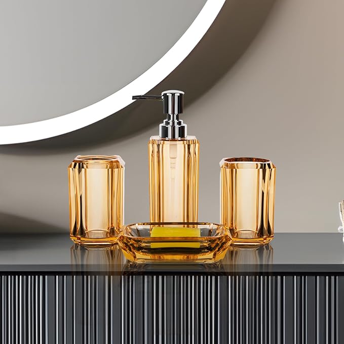 4-Piece Champagne Gold Bathroom Accessories Set with Soap Dispenser, Soap Dish, Tumbler & Toothbrush Holder, Glossy Acrylic with Champagne Accent, Vanity Bathroom Decor
