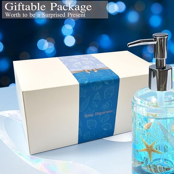 FONMY Soap Dispenser with Pump Acrylic w/Nature Seashell Handmade Bathroom Hand Soap Dispenser, Kitchen Refillable Liquid Dispenser for Soap,Dish Soap, Lotion (Blue)