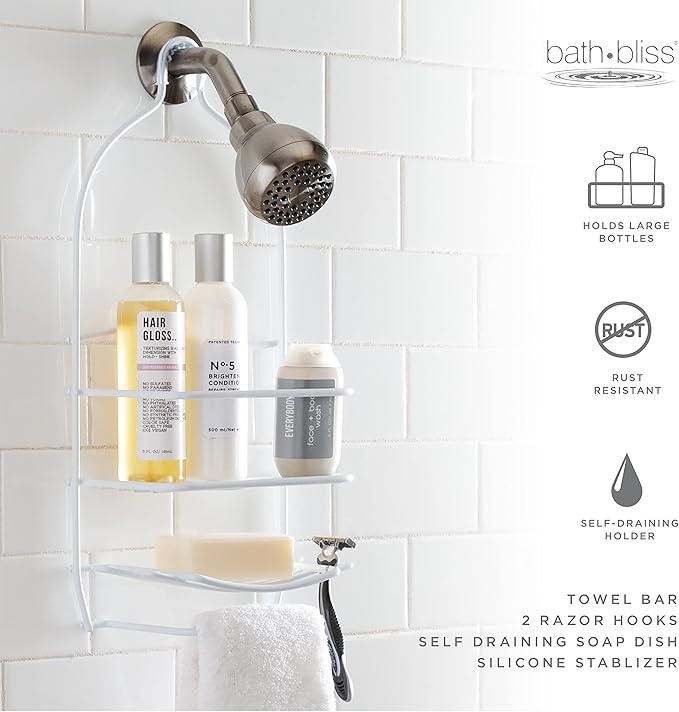 Bath Bliss Curve Design Shower Caddy | Over the Shower Head | Rust Proof | Bathroom Organization | Bath Organizer | 2 Tier | White