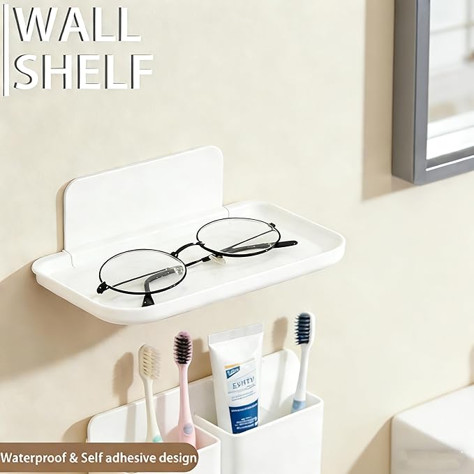 2 Pcs Small Shelf for Wall, Foldable Bedside Shelf & Small Wall Shelves No Drill Adhesive Folding Shelf, Stick-on Floating Wall Rack Organizer Tray for Bedroom Bathroom Kitchen Entryway, White