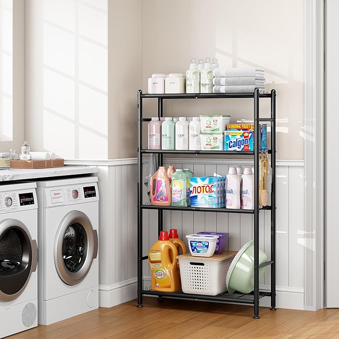 APEXCHASER Metal Shelving, 4-Tier Storage Shelves Large Capacity Steel Wire with Hooks, Adjustable Leveling Feet, Space-Saving Shelf Organizer for Pantry, Laundry, Kitchen (33''Lx12.6''Wx57''H)