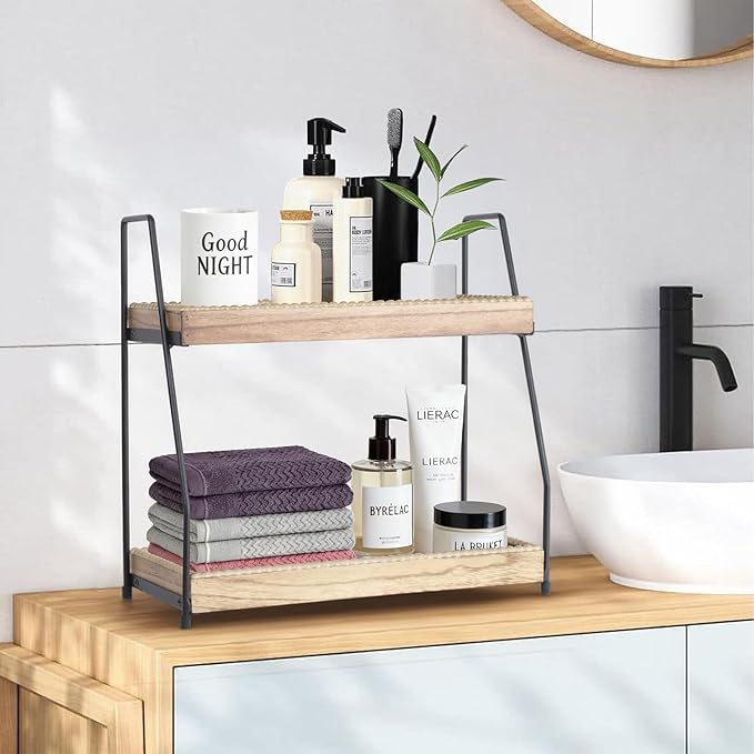 Bathroom Vanity Organizer 2-Tier Wood Countertop Storage Counter Shelf for Makeup Skincare Perfume Jewelry Tray Spice Rack Nature