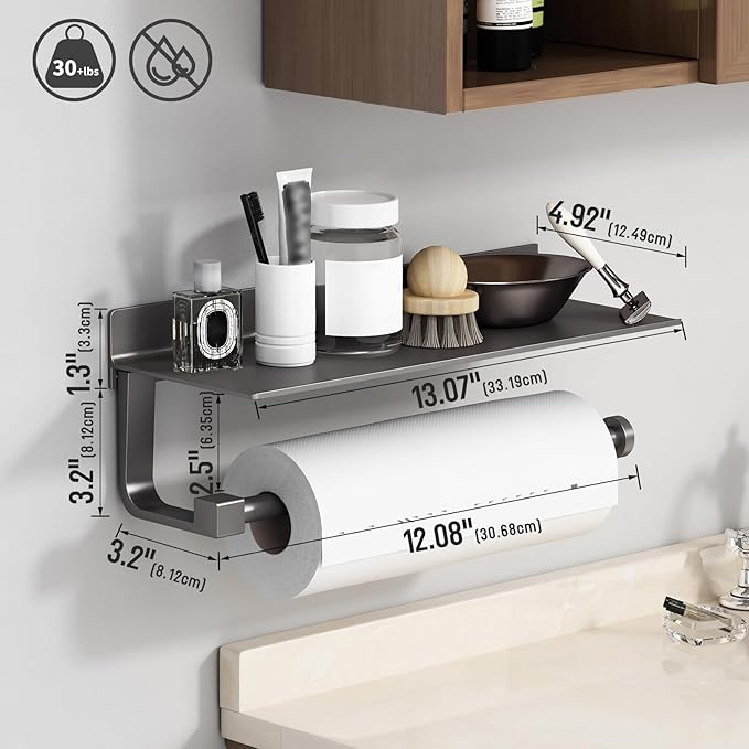 Danpoo Kitchen Paper Towel Holder with Shelf Wall Mount, Adhesive Hand Towel Holder for Bathroom, Matte Grey
