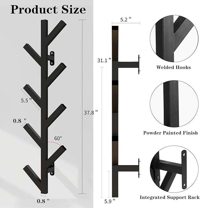 Vlush Wall Mounted Metal Coat Rack with 9 Hooks Modern Minimalist & Upright Coat Rack for Hanging Clothes, Hats, Hanging Bags and Scarves Entrance Wall Iron Coat Racks (Black)