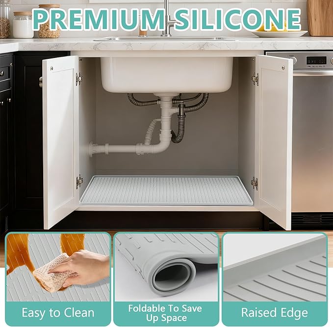 36" x 24" Under Sink Mat for Kitchen Lanstics Under Sink Organizer Waterproof Raised Edge Silicone Mat Sink Protector Silicone Organizers Tray for Kitchen Bathroom