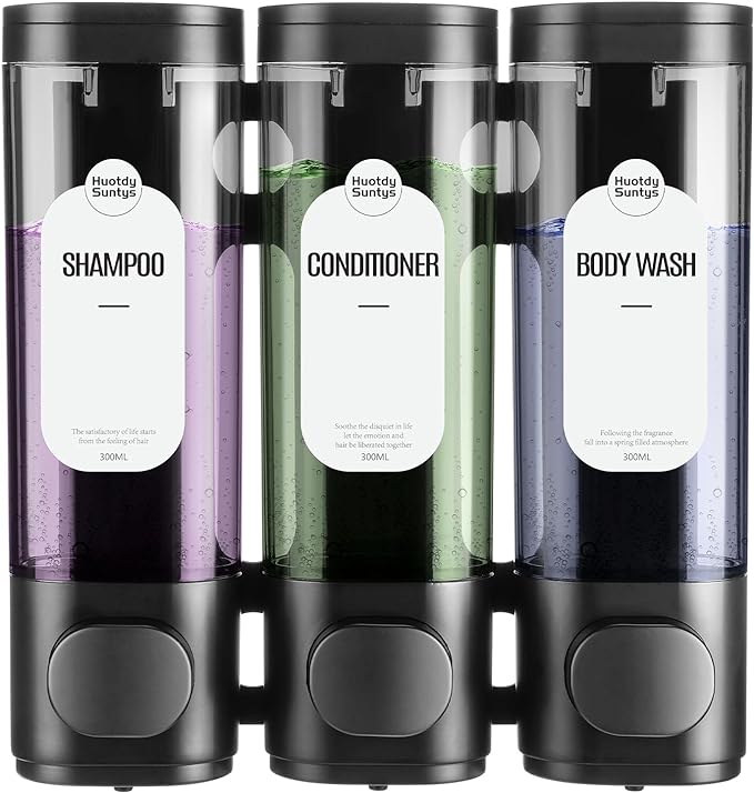Shampoo and Conditioner Dispenser 3 Chamber No Drill – 300ml Each Container, Wall-Mounted Shower Soap Body Wash Dispenser for Bathroom, Toilet, Hotel & Kitchen (Black)
