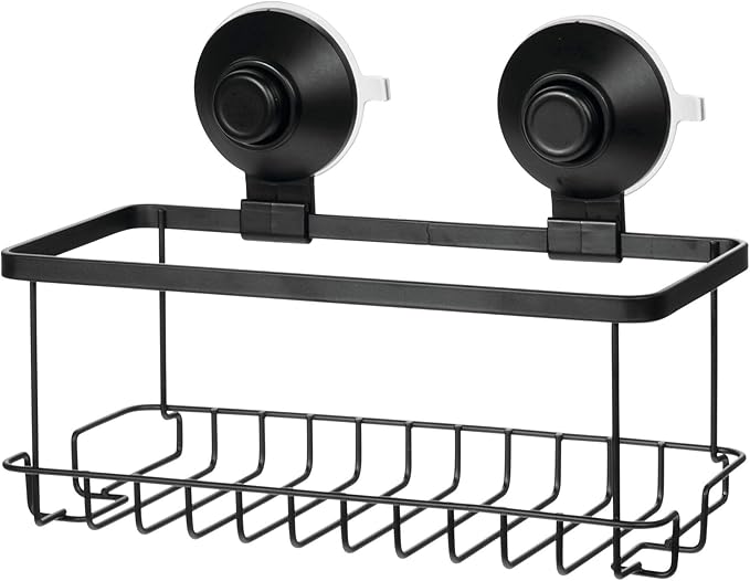 iDesign Everett Metal Push Lock Suction Shower Caddy, Extra Space for Shampoo, Conditioner, and Soap with Hooks for Razors, Towels, Loofahs, and More, 9.1" x 4.53" x 3.63", Matte Black