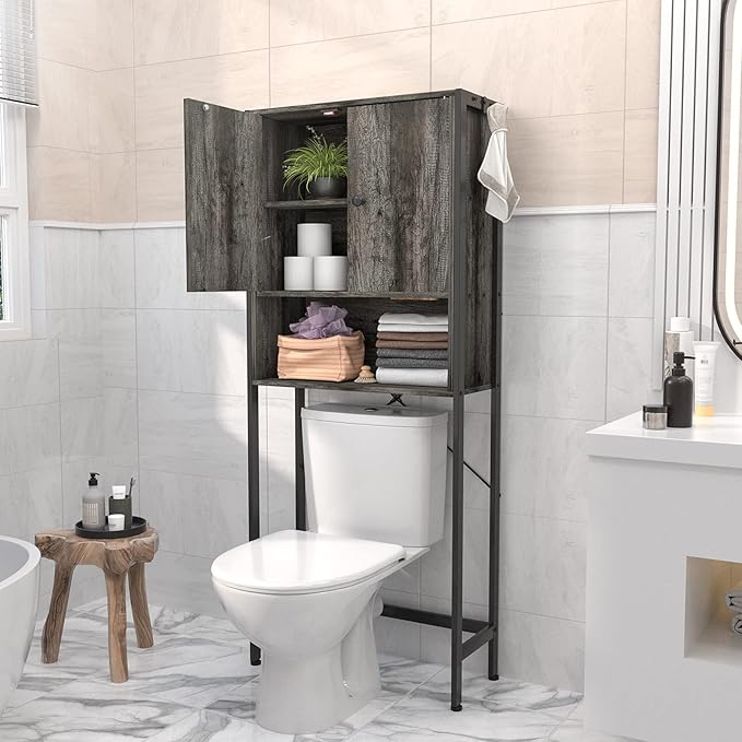 Ecoprsio Over-The-Toilet Storage Cabinet Rack, Bathroom Organizer Shelf Over Toilet, Freestanding Space Saver Toilet Stands with 2 Hooks, Gray Brown