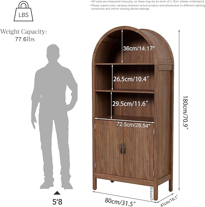 Lxsxlome 70.9" Tall Storage Cabinet with Fluted Doors, Arched Freestanding Cabinet with 5 Shelves, Wooden Bookcase Storage Cabinet Suitable for Living Room, Dining Room, Bathroom