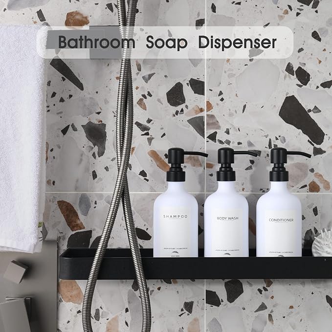 Supforce Shampoo Dispenser for Shower Wall Mount, No Drill Shampoo and Conditioner Dispenser with Matte Pump and Waterproof Labels, Shower Soap Dispenser Wall Mounted for Home Bathroom - White