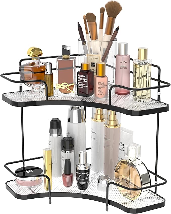 FOLLOWIN 2 Tier Bathroom Countertop Corner Organizer, Countertop Perfume Tray, Vanity Counter Shelf, Skincare Makeup Cosmetic Vanity Organizers, Elegant Black
