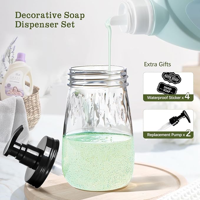 Amolliar Plastic Soap Dispenser with Pump Lid, 16 Oz Refillable Bathroom Hand Dish Soap Dispenser Set, Clear Kitchen Liquid Dispenser with Cute Lables for Farmhouse Shower (2 Pack, Black)