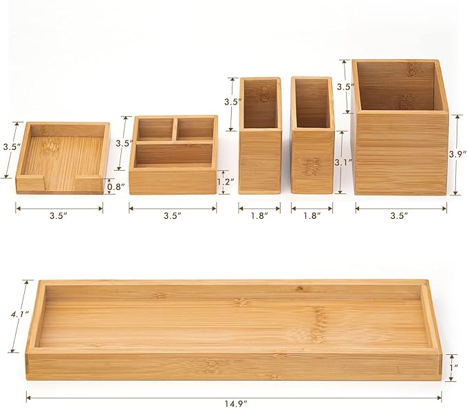 Bamboo Vanity Tray, 6-Piece Bathroom Countertop Vanity Tray Set, Makeup Kitchen Desk Organizer and Storage - Holds Small Items
