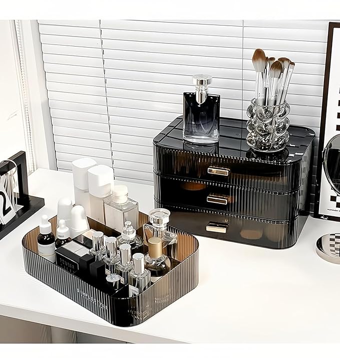 Makeup Organizer for Vanity, Large Desk Organizer with Stackable Drawers for Cosmetics, Skin Care, Lipsticks, Palette, Nail Care, Ideal Storage for Dresser and Bathroom Countertop- Black