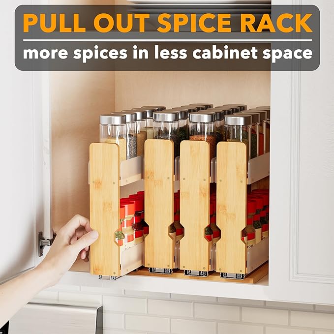 SpaceAid Bamboo Pull Out Spice Rack Organizer for Cabinet, Heavy Duty Slide Out Seasoning Kitchen Pantry Sliding Vertical Organization, 10.1" Wide, 4 Drawers(2" Wide), 2-Tier, Natural
