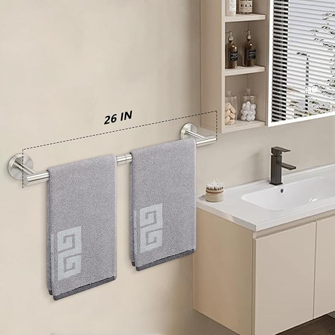NearMoon Bath Towel Bar, Thicken Stainless Steel Shower Towel Rack Holder Wall Mounted for Bathroom, 26-lnch Overall Length-24-lnch Usable Hanging Space (1 Pack, Brushed Nickel)