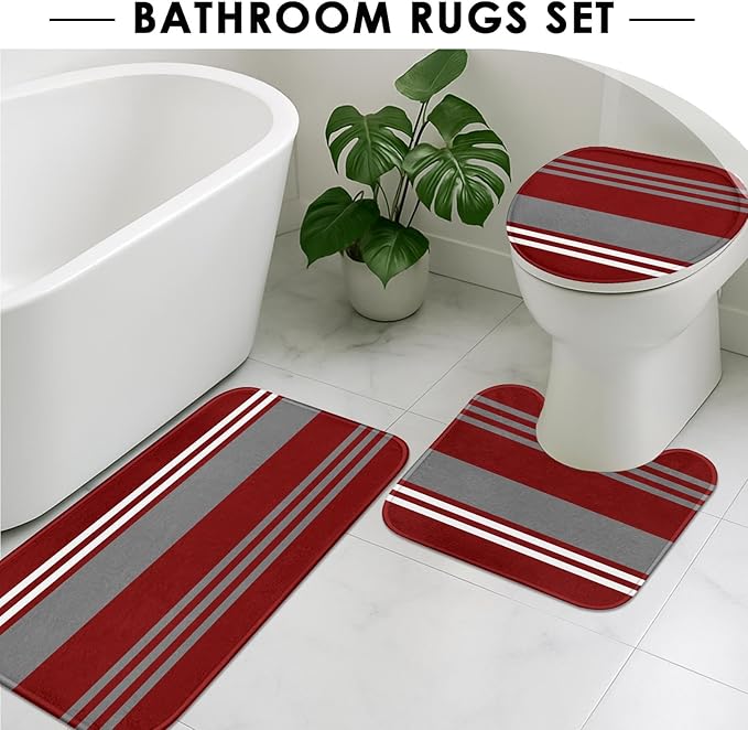Red Burgundy Stripes Shower Curtain Set with Toilet Lid Cover and Non-Slip Rugs for Bathroom, Modern Grey Lines 4 Pcs Shower Curtain, Vintage Abstract Beautiful Bathroom Set with 12 Hooks