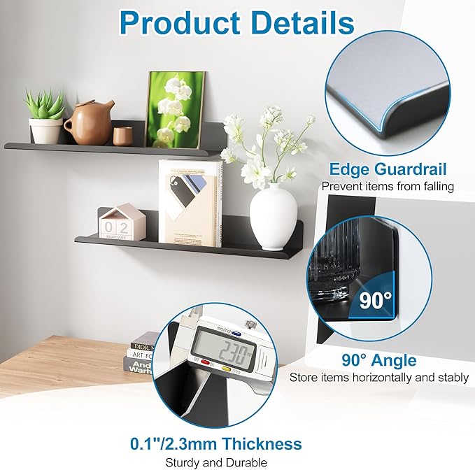 SAYAYO Black Floating Shelves for Wall Storage, 8 Inch Adhesive Wall Shelves for Bedroom Decor, Small Display Bathroom Shelf Organizer for Kitchen, Living Room, Office, 2pcs