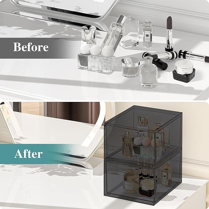 SpaceHacks 2 Pack Stackable Makeup Organizer and Storage, Acrylic Organizers，Clear Plastic Storage Drawer with Pull-Out Handles for Vanity, Undersink, Kitchen Cabinets, Pantry, Black