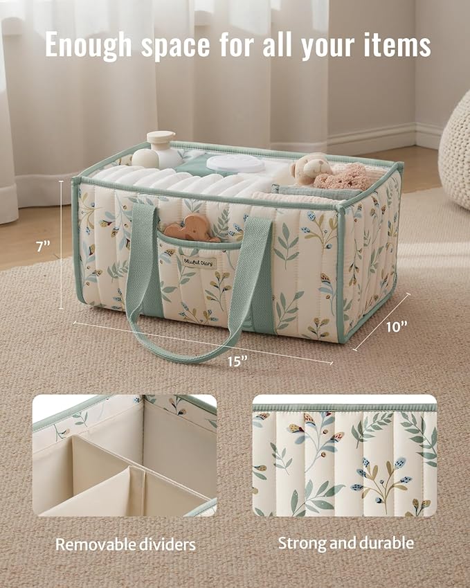 Blissful Diary Leaf Diaper Caddy Organizer, Stylish Nursery Storage Basket, Gift for Baby Shower, Newborn Essentials, Sage Leaf