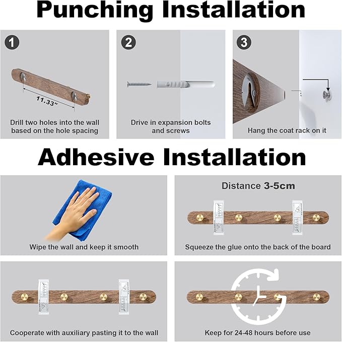 16 Inch Walnut Wood Wall Mounted Coat Rack with 4 Golden Round Hooks, Adhesive Mounted Entryway Hooks, Modern Natural Wooden Pegs for Hanging Coat Clothes Hat Bag Purse Key and Towel