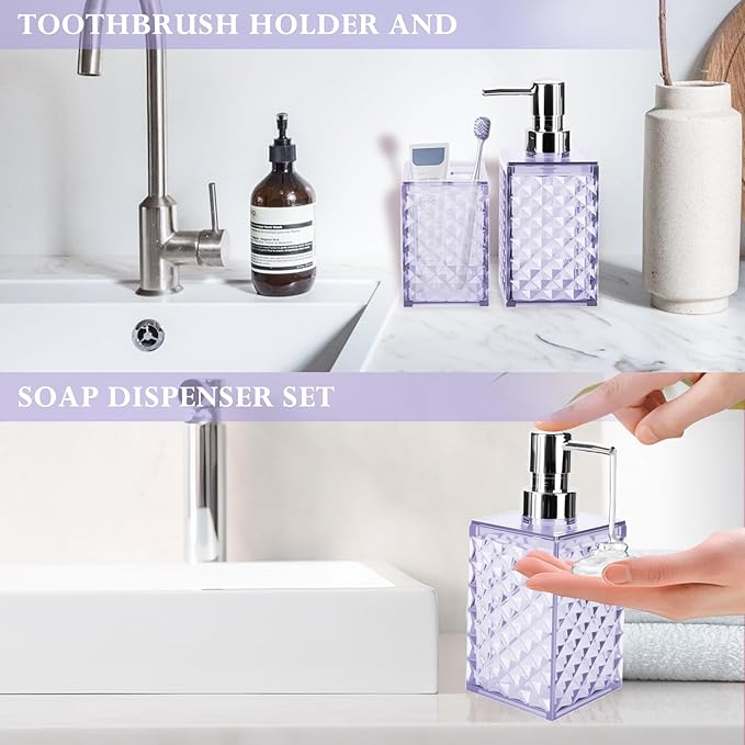 Bathroom Accessories Set 2 PCS, Purple Bathroom Accessories Include Soap Dispenser and Toothbrush Holder, Diamond Pattern Bathroom Set for Boho Bathroom Decor