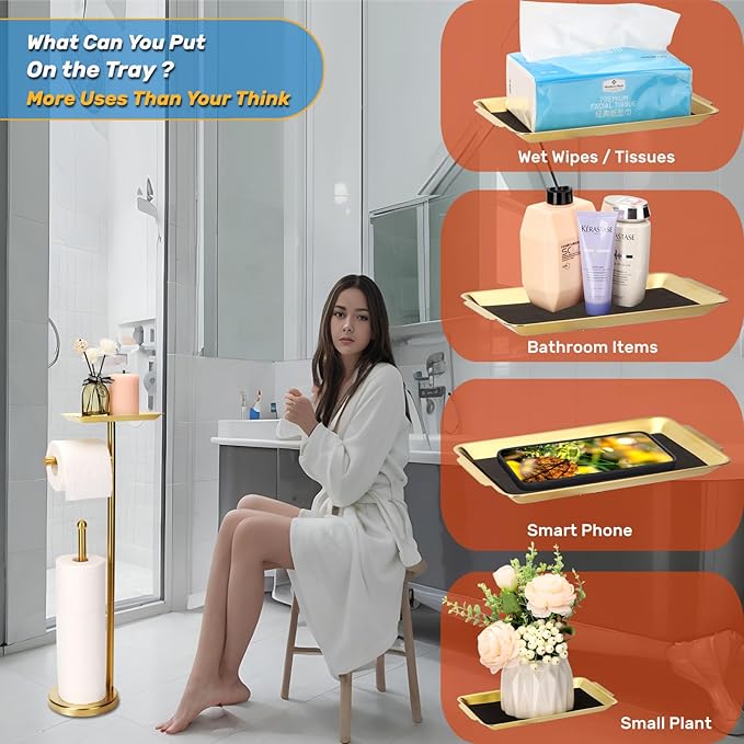 Exilon Toilet Paper Holder Stand for Bathroom Floor Freestanding Toilet Roll Dispenser Storages 4 Reserve Rolls, with Top Storage Shelf for Cell Phone (Brushed Gold)