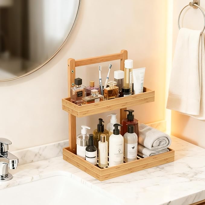 Bamboo Undersink Organizer Storage - 2-Tier Cabinet Shelf with Adjustable Levels, Under Sink Storage Slide Out for Cabinet Pantry Kitchen Bathroom (Natural)
