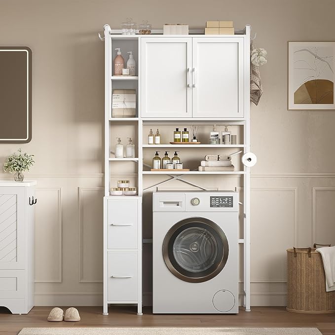 7-Tier Over the Toilet Storage Cabinet with 2 Large Drawers & 6 Hooks, Over the Toilet Storage with Toilet Paper Holder, Bathroom Over Toilet Storage for Bathroom, Laundry Room, White
