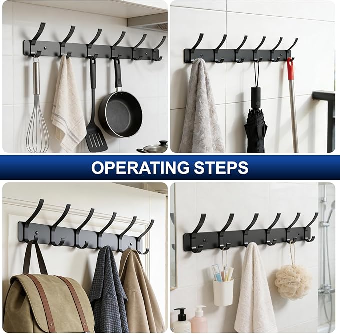 2-Pack Wall Mounted Coat Rack with 6 Hooks, Rustproof Aluminum Heavy Duty Coat Hooks for Wall, Space-Saving Organizer for Coats, Hats, Towels, Entryway and Bathroom, Black