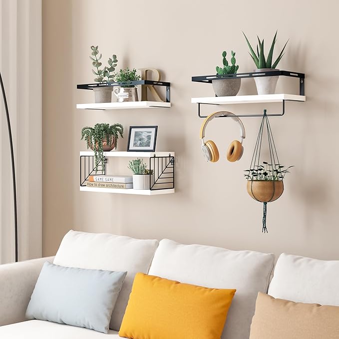 Fixwal Wall Mounted Bathroom Shelves Over Toilet, Rustic Wood Floating Shelves with Metal Frame and Towel Bar for Bathroom, Kitchen, Bedroom, Living Room (3 Plus 1 White)