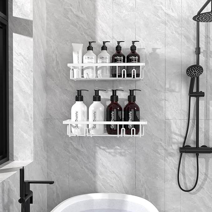 Getsrichfc Shower Caddy Adhesive, Rustproof Shower Shelves for Inside Shower, Large Capacity Bathroom Organizers and Storage, Shower Storage with Removable Hooks, No Drill Bathroom Accessories White