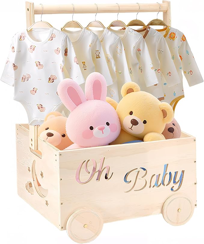 Wooden Baby Shower Crate Closet, Baby Shower Gifts Basket for Newborn Boys Girls, Personalized Babyshower Crate Box with Handle & Wheels, Pregnancy Gifts Xmas Present for New Mom Parents