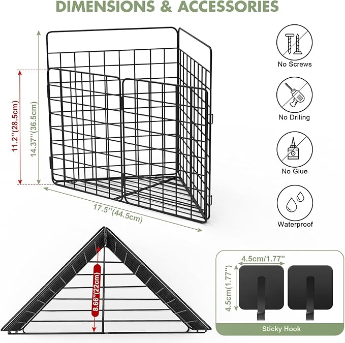 Greentainer Corner Bath Toy Storage Organizer, Large Rustproof Metal Wire Basket, Foldable Wall Mounted Hanging Bathtub Toy Holder with Drainage, No Drilling Adhesive Shower Caddy for Bathroom Tub