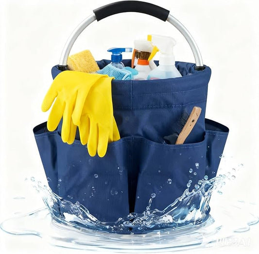 17L Collapsible Cleaning Caddy with Handle - Heavy Duty Oxford Cleaning Supplies Organizer - Multi-Pocket Foldable Storage Bucket for Housekeeping, Car Wash, Gardening & Camping (Navy Blue)