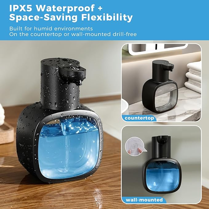 Automatic Liquid Soap Dispenser, 17oz/500ml Touchless Rechargeable with 4-Level Adjustable & IPX5 Waterproof - Level Display for Wall/Tabletop Use in Bathroom, Kitchen, Black