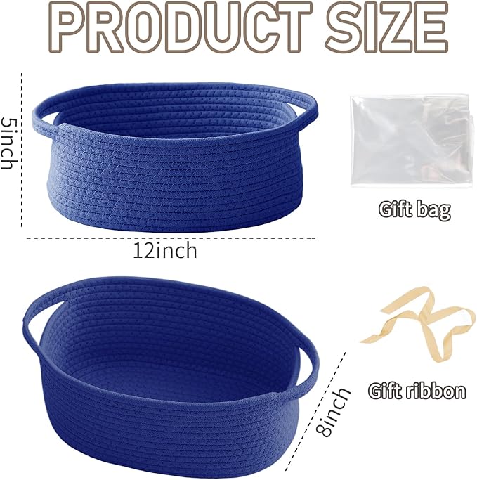 JMvicyroam Woven Basket,Small Rope Storage Bin with Handles & Ribbon Bag, Organizer for Shelves Closets,Gift Basket Empty for Birthday,Books,Dog Toys, Navy Blue/3 Pack