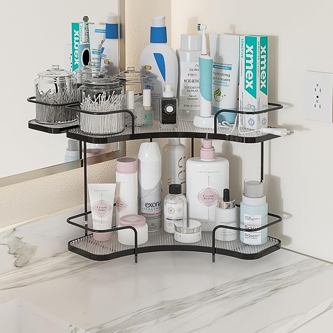 FOLLOWIN 2 Tier Bathroom Countertop Corner Organizer, Countertop Perfume Tray, Vanity Counter Shelf, Skincare Makeup Cosmetic Vanity Organizers, Elegant Black